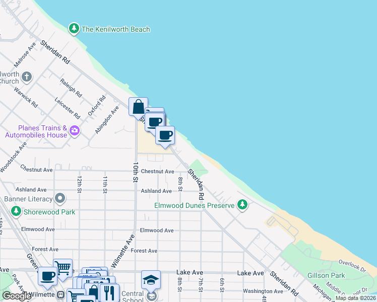 map of restaurants, bars, coffee shops, grocery stores, and more near 1440 Sheridan Road in Wilmette