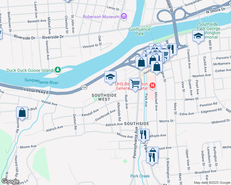 map of restaurants, bars, coffee shops, grocery stores, and more near 1126 Vestal Avenue in Binghamton