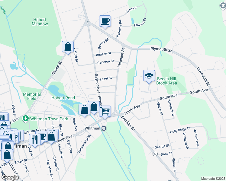 map of restaurants, bars, coffee shops, grocery stores, and more near 96 Pleasant Street in Whitman