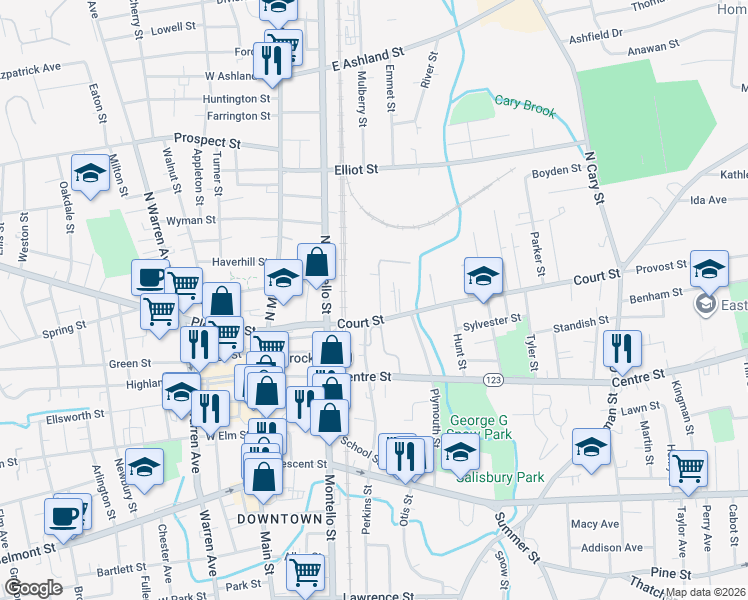 map of restaurants, bars, coffee shops, grocery stores, and more near 10 Commercial Street in Brockton