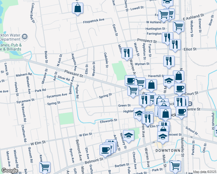 map of restaurants, bars, coffee shops, grocery stores, and more near 231 Pleasant Street in Brockton