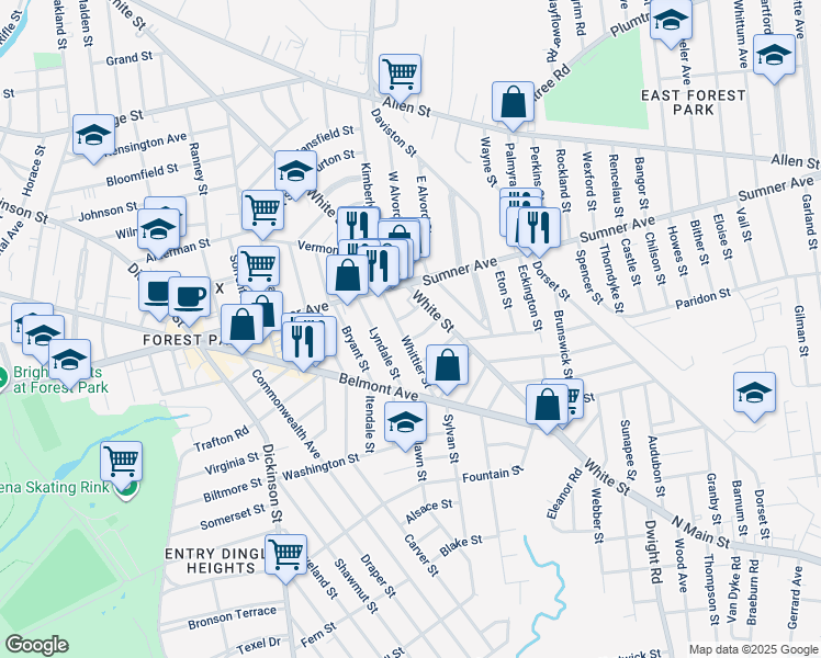 map of restaurants, bars, coffee shops, grocery stores, and more near 11 Priscilla Street in Springfield
