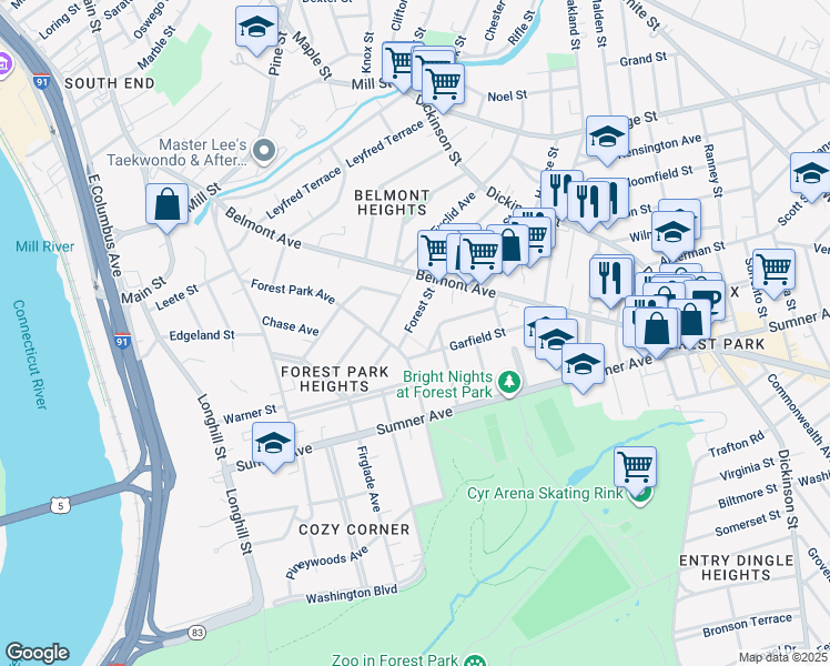 map of restaurants, bars, coffee shops, grocery stores, and more near 37 Forest Street in Springfield