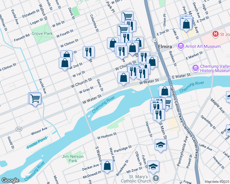 map of restaurants, bars, coffee shops, grocery stores, and more near 358 West Water Street in Elmira