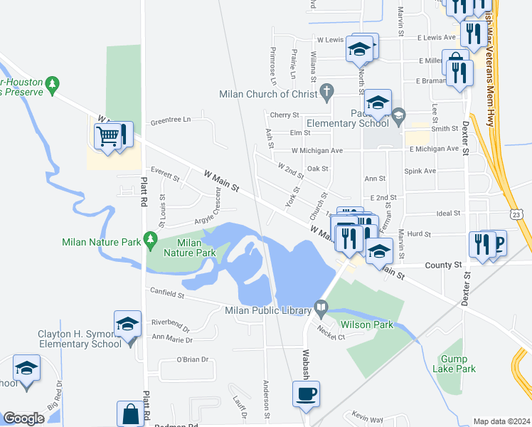 map of restaurants, bars, coffee shops, grocery stores, and more near 230 West Main Street in Milan