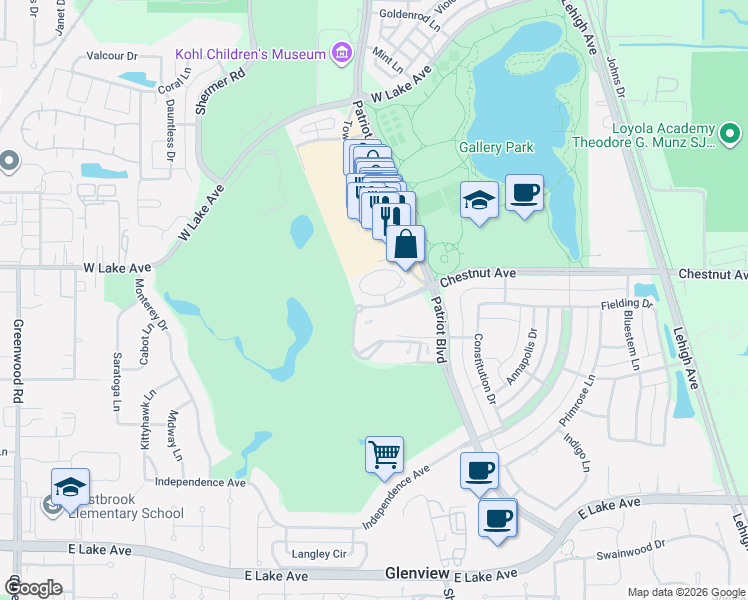 map of restaurants, bars, coffee shops, grocery stores, and more near 1810 Admiral Court in Glenview
