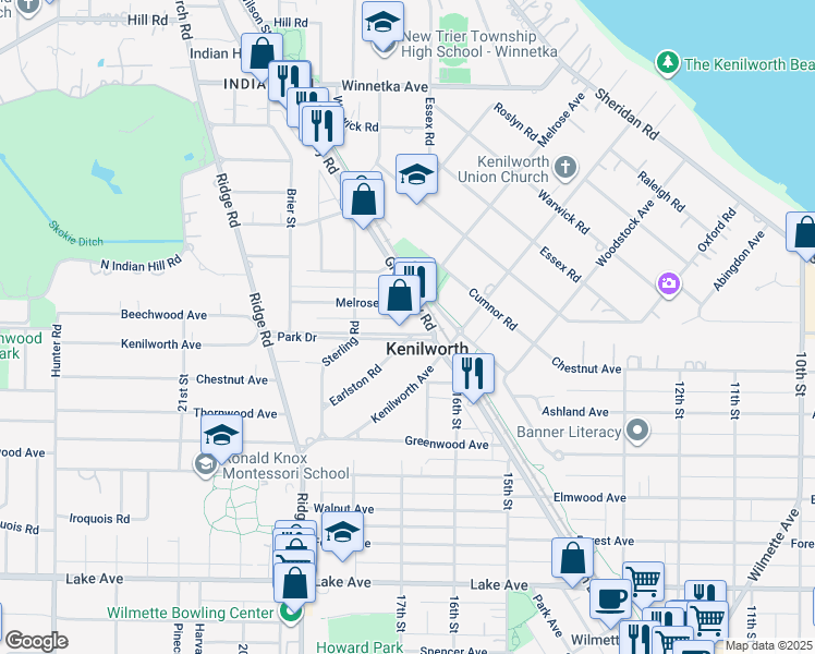 map of restaurants, bars, coffee shops, grocery stores, and more near 522 Melrose Avenue in Kenilworth