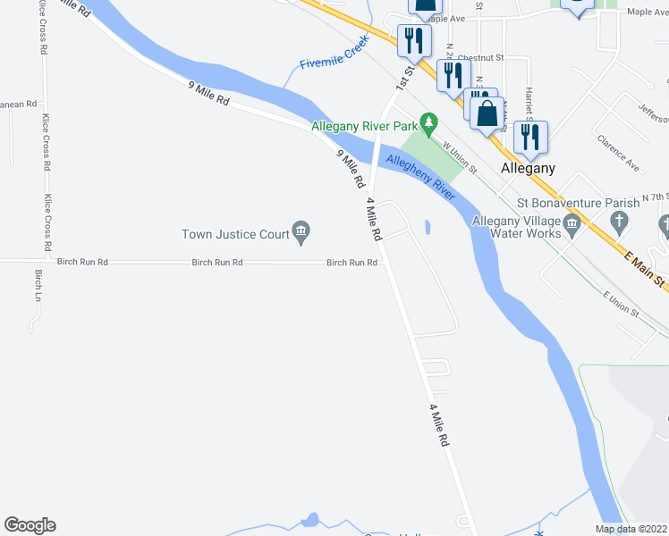 map of restaurants, bars, coffee shops, grocery stores, and more near 3765 Birch Run Road in Allegany