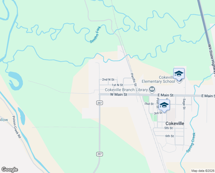 map of restaurants, bars, coffee shops, grocery stores, and more near 310 1st North Street in Cokeville