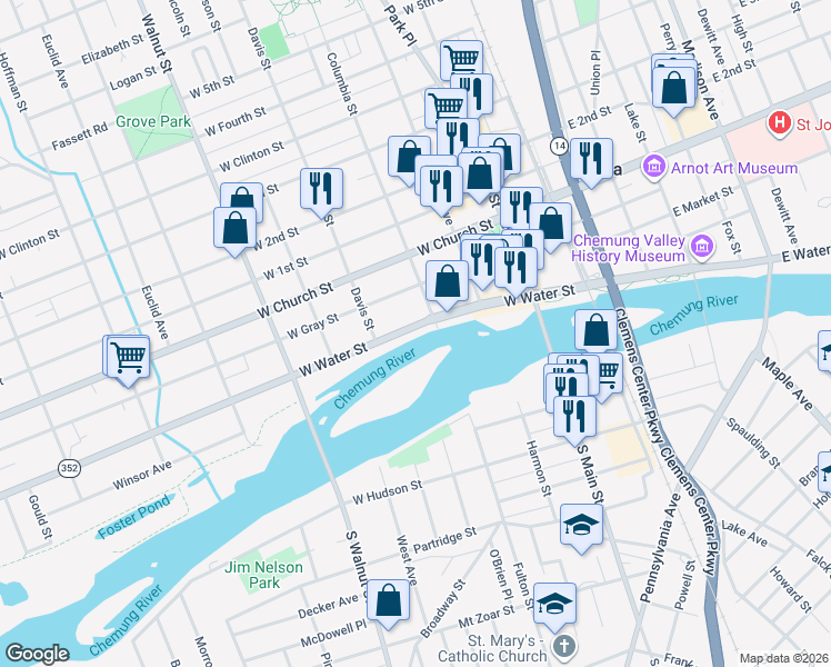 map of restaurants, bars, coffee shops, grocery stores, and more near 358 West Water Street in Elmira