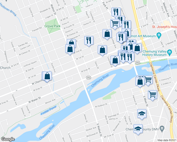 map of restaurants, bars, coffee shops, grocery stores, and more near 110 Elm Street in Elmira