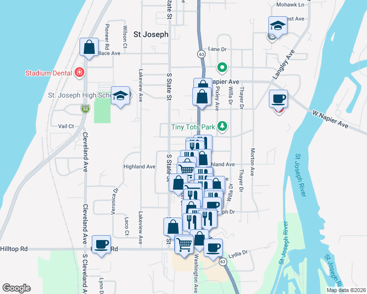 map of restaurants, bars, coffee shops, grocery stores, and more near 715 Columbia Avenue in St. Joseph