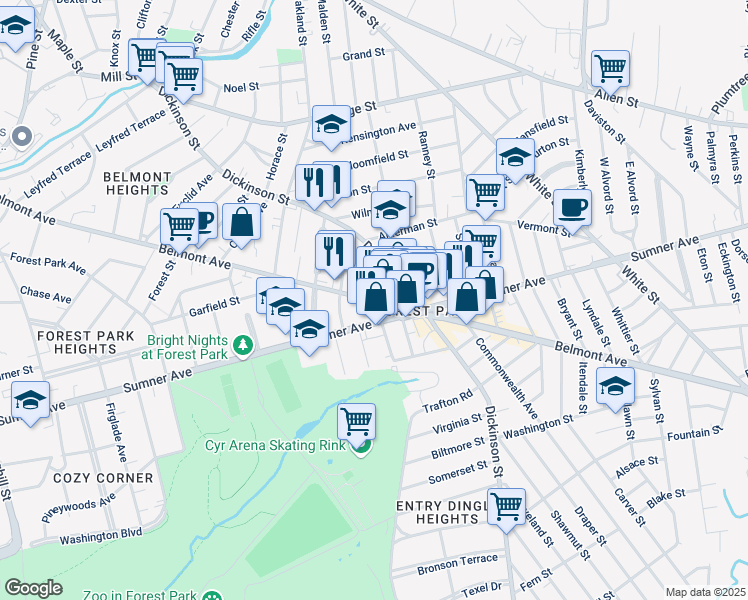 map of restaurants, bars, coffee shops, grocery stores, and more near 1 Burlington Street in Springfield