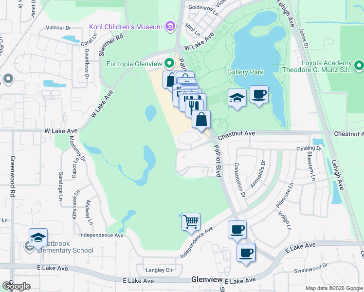 map of restaurants, bars, coffee shops, grocery stores, and more near 1875 Admiral Court in Glenview