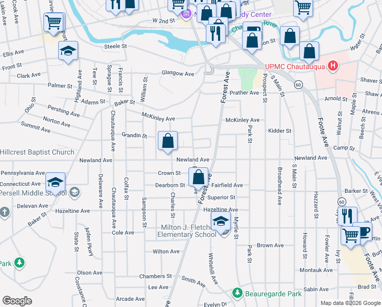 map of restaurants, bars, coffee shops, grocery stores, and more near 168 Barrett Avenue in Jamestown