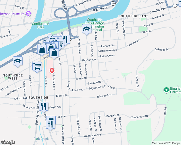 map of restaurants, bars, coffee shops, grocery stores, and more near 16 Columbia Avenue in Binghamton