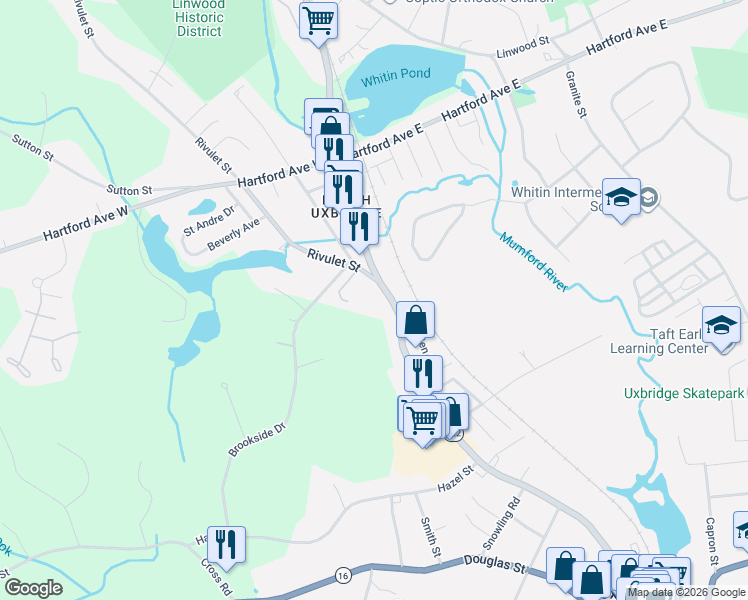 map of restaurants, bars, coffee shops, grocery stores, and more near 250 North Main Street in Uxbridge