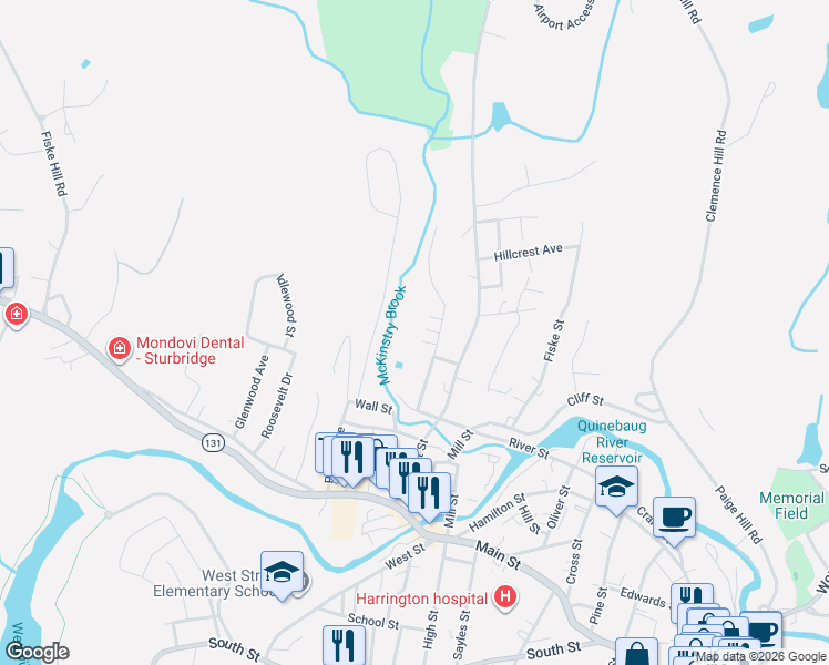 map of restaurants, bars, coffee shops, grocery stores, and more near 97 Plimpton Street in Southbridge