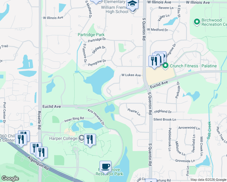 map of restaurants, bars, coffee shops, grocery stores, and more near 1273 South Falcon Drive in Palatine