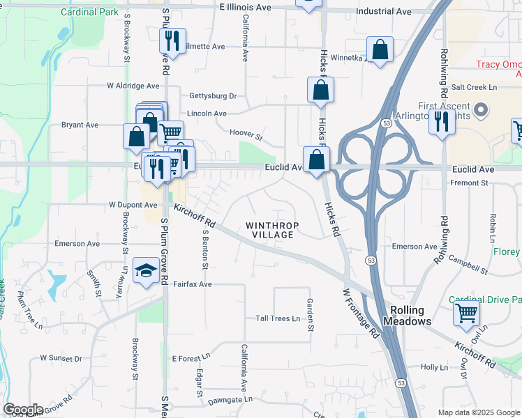 map of restaurants, bars, coffee shops, grocery stores, and more near 4373 Wilson Avenue in Rolling Meadows