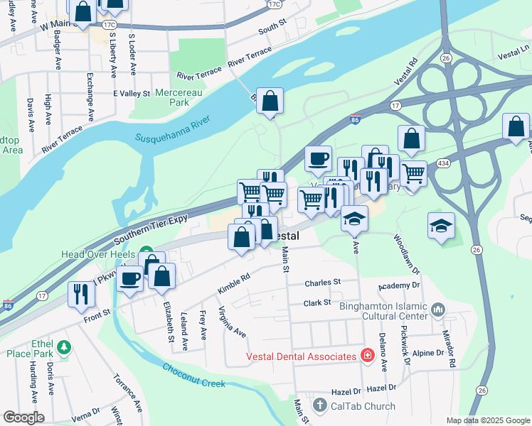 map of restaurants, bars, coffee shops, grocery stores, and more near 134 Vestal Parkway West in Vestal