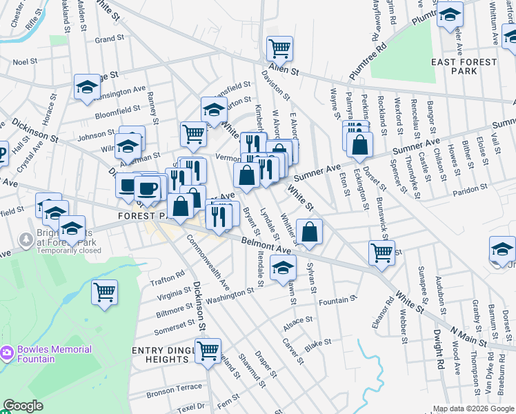 map of restaurants, bars, coffee shops, grocery stores, and more near 18 Whittier Street in Springfield