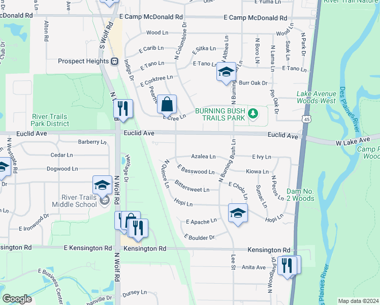 map of restaurants, bars, coffee shops, grocery stores, and more near 1808 Azalea Lane in Mount Prospect