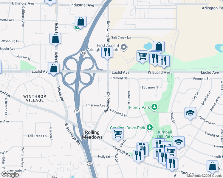 map of restaurants, bars, coffee shops, grocery stores, and more near 2106 Rohlwing Road in Rolling Meadows
