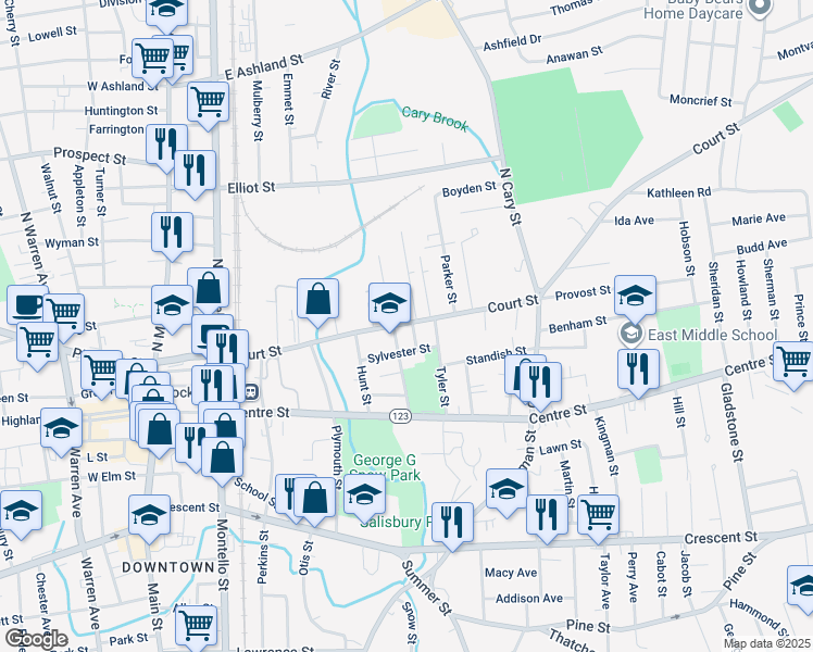 map of restaurants, bars, coffee shops, grocery stores, and more near 264 Court Street in Brockton
