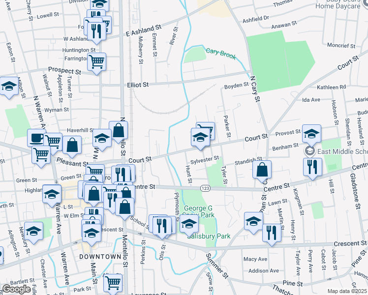 map of restaurants, bars, coffee shops, grocery stores, and more near 238 Court Street in Brockton