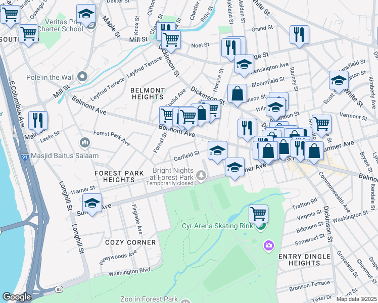 map of restaurants, bars, coffee shops, grocery stores, and more near 67 Fairfield Street in Springfield