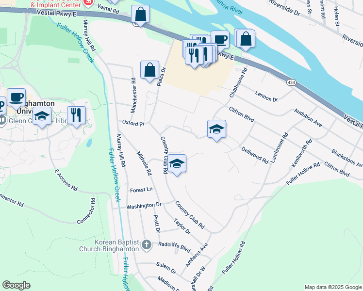 map of restaurants, bars, coffee shops, grocery stores, and more near 619 Country Club Road in Vestal