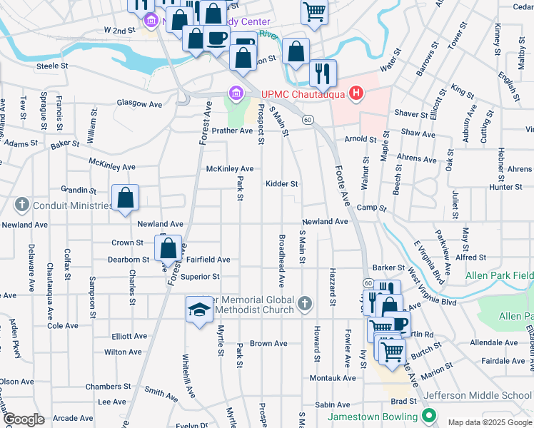 map of restaurants, bars, coffee shops, grocery stores, and more near 138 Prospect Street in Jamestown