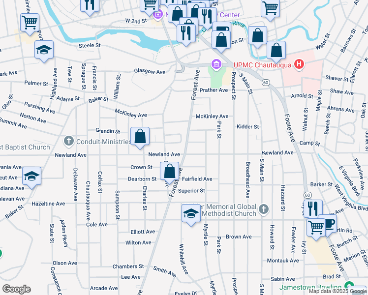 map of restaurants, bars, coffee shops, grocery stores, and more near 254 Forest Avenue in Jamestown