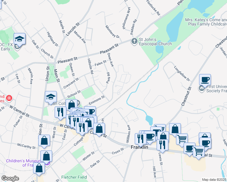 map of restaurants, bars, coffee shops, grocery stores, and more near 117 Dean Avenue in Franklin