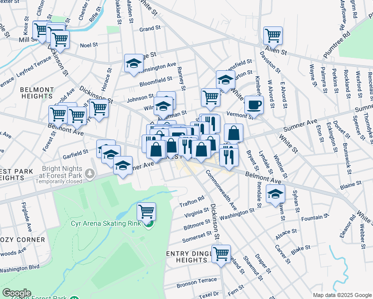 map of restaurants, bars, coffee shops, grocery stores, and more near 73 Ventura Street in Springfield