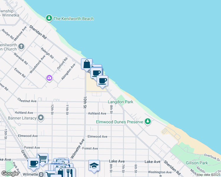 map of restaurants, bars, coffee shops, grocery stores, and more near 1440 Sheridan Road in Wilmette