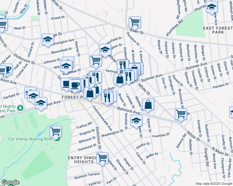 map of restaurants, bars, coffee shops, grocery stores, and more near 685 Sumner Avenue in Springfield