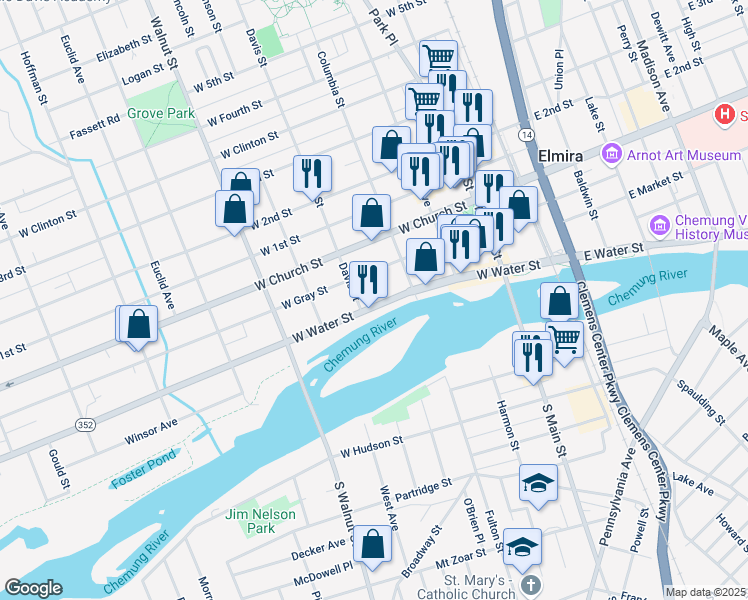 map of restaurants, bars, coffee shops, grocery stores, and more near 376 West Water Street in Elmira