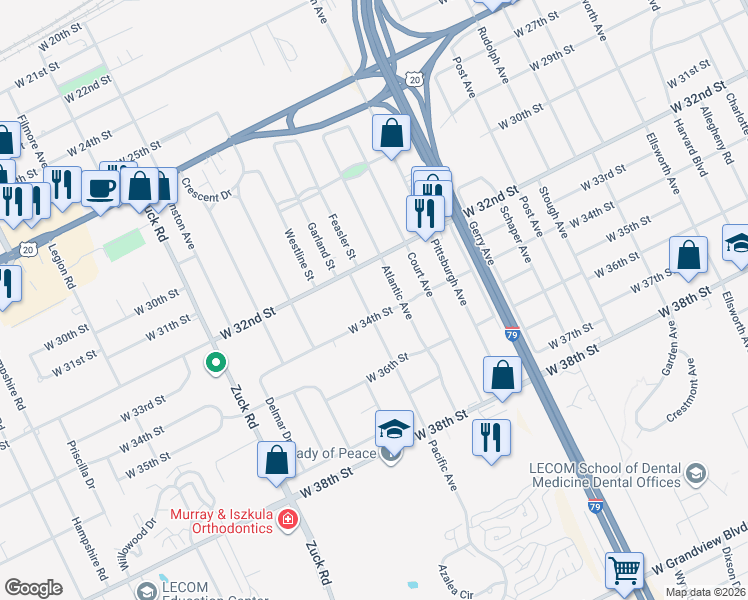 map of restaurants, bars, coffee shops, grocery stores, and more near 3221 Pacific Avenue in Erie