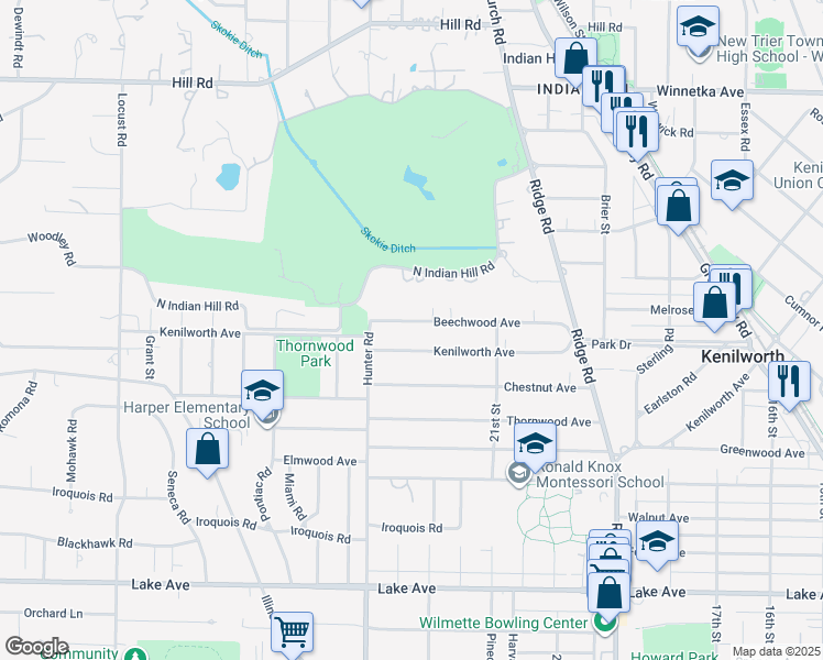 map of restaurants, bars, coffee shops, grocery stores, and more near 2210 Beechwood Avenue in Wilmette
