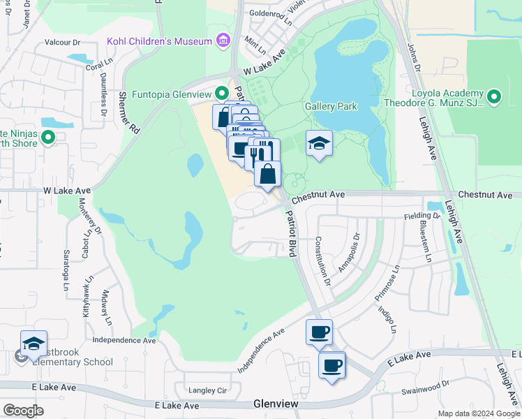 map of restaurants, bars, coffee shops, grocery stores, and more near 1805 Admiral Court in Glenview