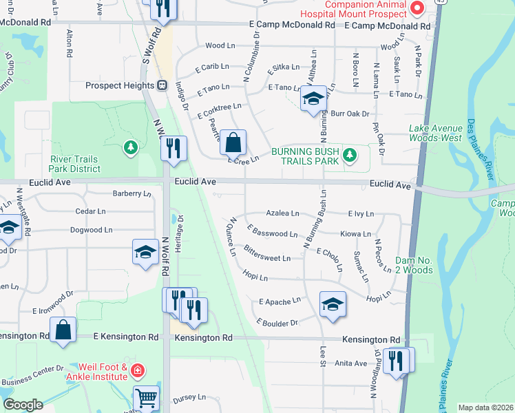 map of restaurants, bars, coffee shops, grocery stores, and more near 1808 Azalea Lane in Mount Prospect
