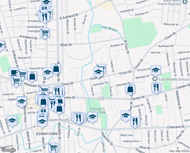 map of restaurants, bars, coffee shops, grocery stores, and more near 238 Court Street in Brockton