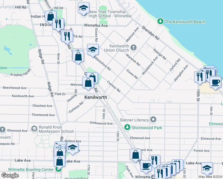 map of restaurants, bars, coffee shops, grocery stores, and more near 410 Kenilworth Avenue in Kenilworth