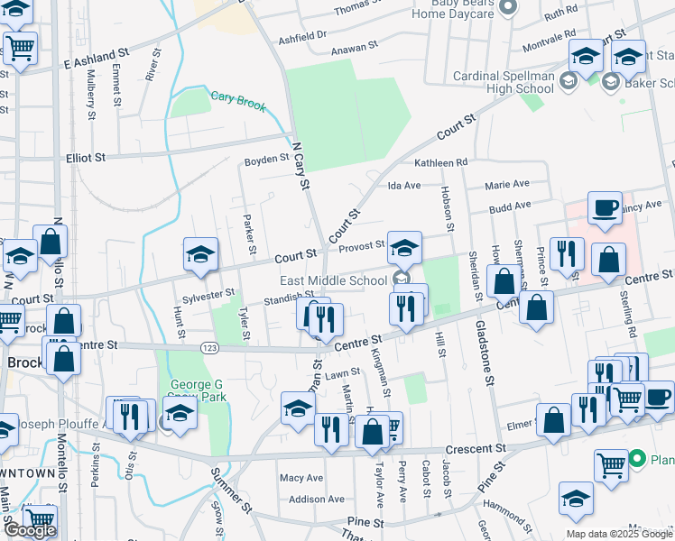 map of restaurants, bars, coffee shops, grocery stores, and more near in Brockton