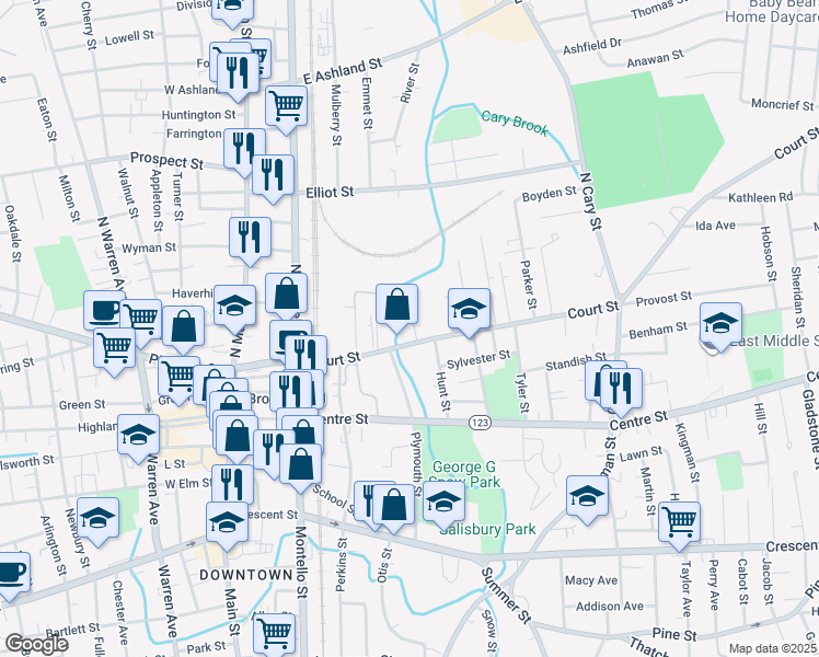 map of restaurants, bars, coffee shops, grocery stores, and more near 22 Peckham Avenue in Brockton