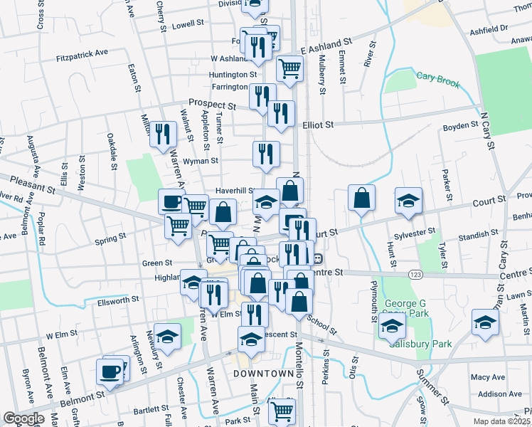 map of restaurants, bars, coffee shops, grocery stores, and more near 77 North Main Street in Brockton