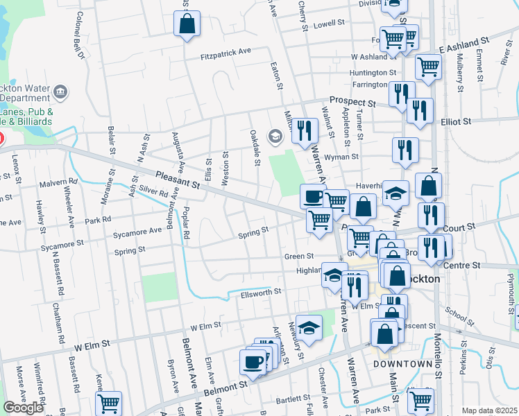 map of restaurants, bars, coffee shops, grocery stores, and more near 231 Pleasant Street in Brockton