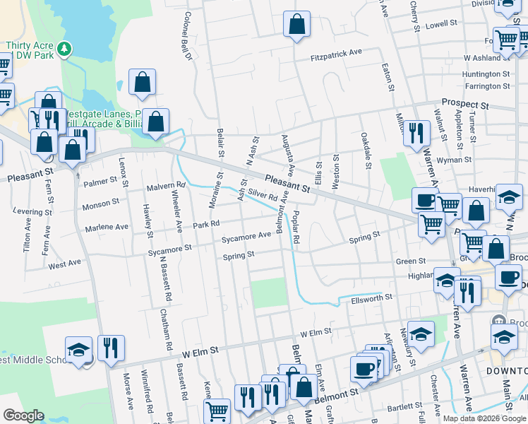map of restaurants, bars, coffee shops, grocery stores, and more near 10 Silver Road in Brockton
